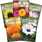 Sow Right Seeds - Flower Seed Garden Collection for Planting - 5 Packets Includes Marigold, Zinnia, Sunflower, Cape Daisy, and Cosmos - Wonderful Gardening Gift photo / $10.99 ($2.20 / Count)