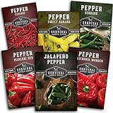 Survival Garden Seeds Six Peppers Collection - Cayenne, Jalapeño, Serrano, California Wonder, Marconi Red, & Sweet Banana Peppers - Sweet & Hot Varieties - Non-GMO Heirloom Vegetable Seed Vault photo / $11.99